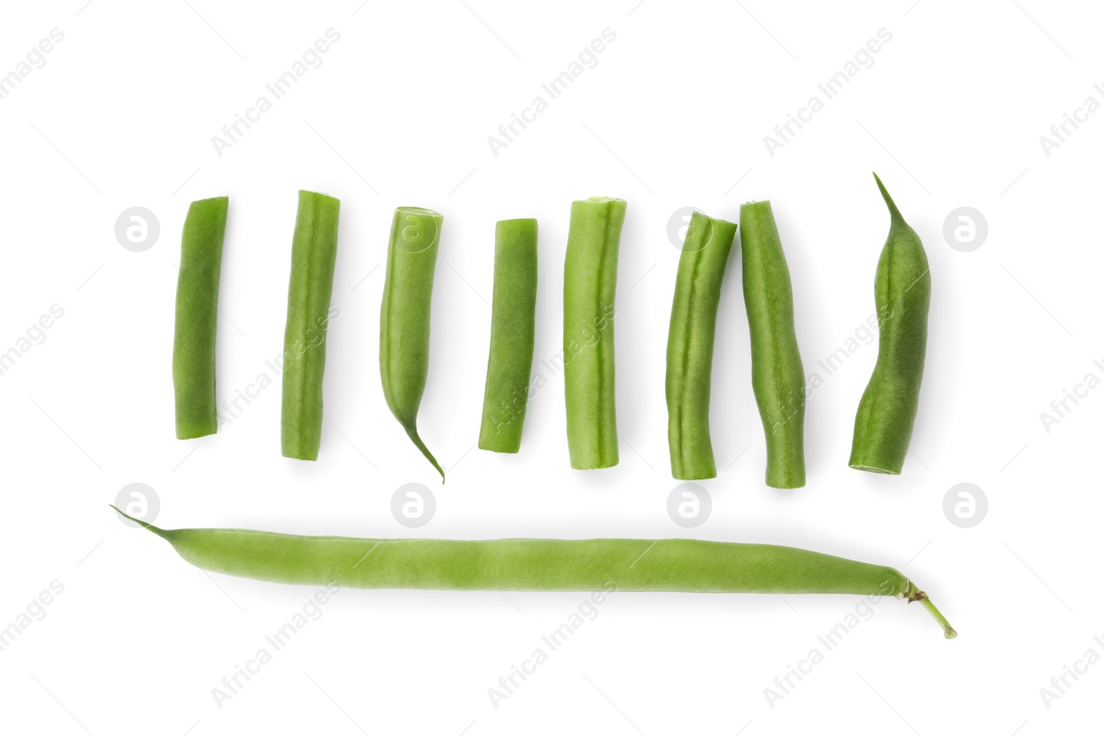 Photo of Fresh green beans on white background, top view