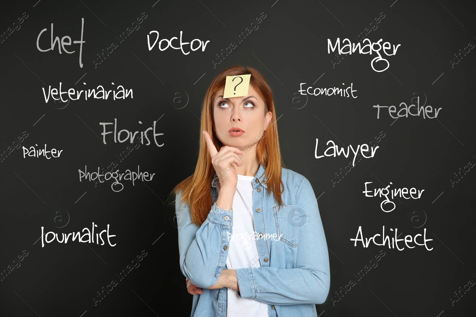 Image of Thoughtful woman with question mark sticker on forehead choosing profession against dark background