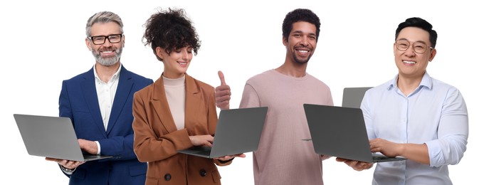 Group of people with laptops on white background
