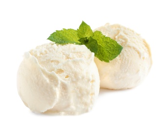 Photo of Scoops of delicious ice cream with mint on white background