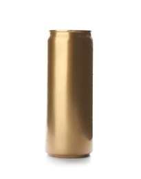 Tin can with beverage on white background