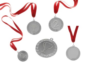 Silver medals with ribbons isolated on white, set