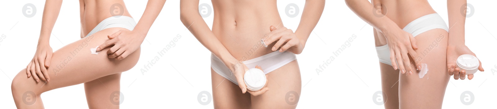 Image of Collage of photos with young woman applying body cream on white background, closeup. Banner design