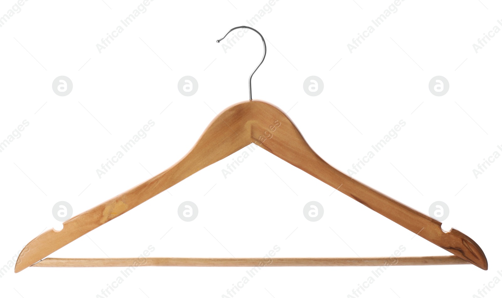 Photo of Empty wooden hanger isolated on white. Wardrobe accessory