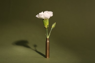 Photo of Bullet cartridge case and beautiful carnation flower on dark green background
