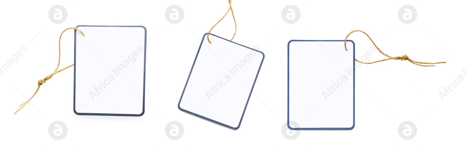 Image of Set with blank tags on white background, top view. Banner design