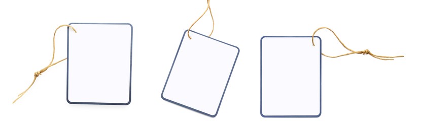 Image of Set with blank tags on white background, top view. Banner design