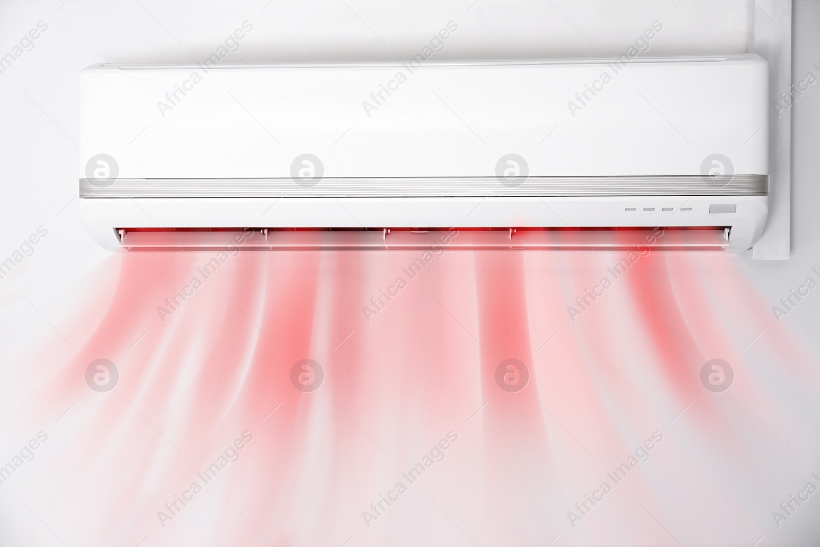 Image of Modern conditioner and illustration of warm air flow on white wall indoors