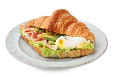 Photo of Delicious croissant with prosciutto, avocado and egg isolated on white