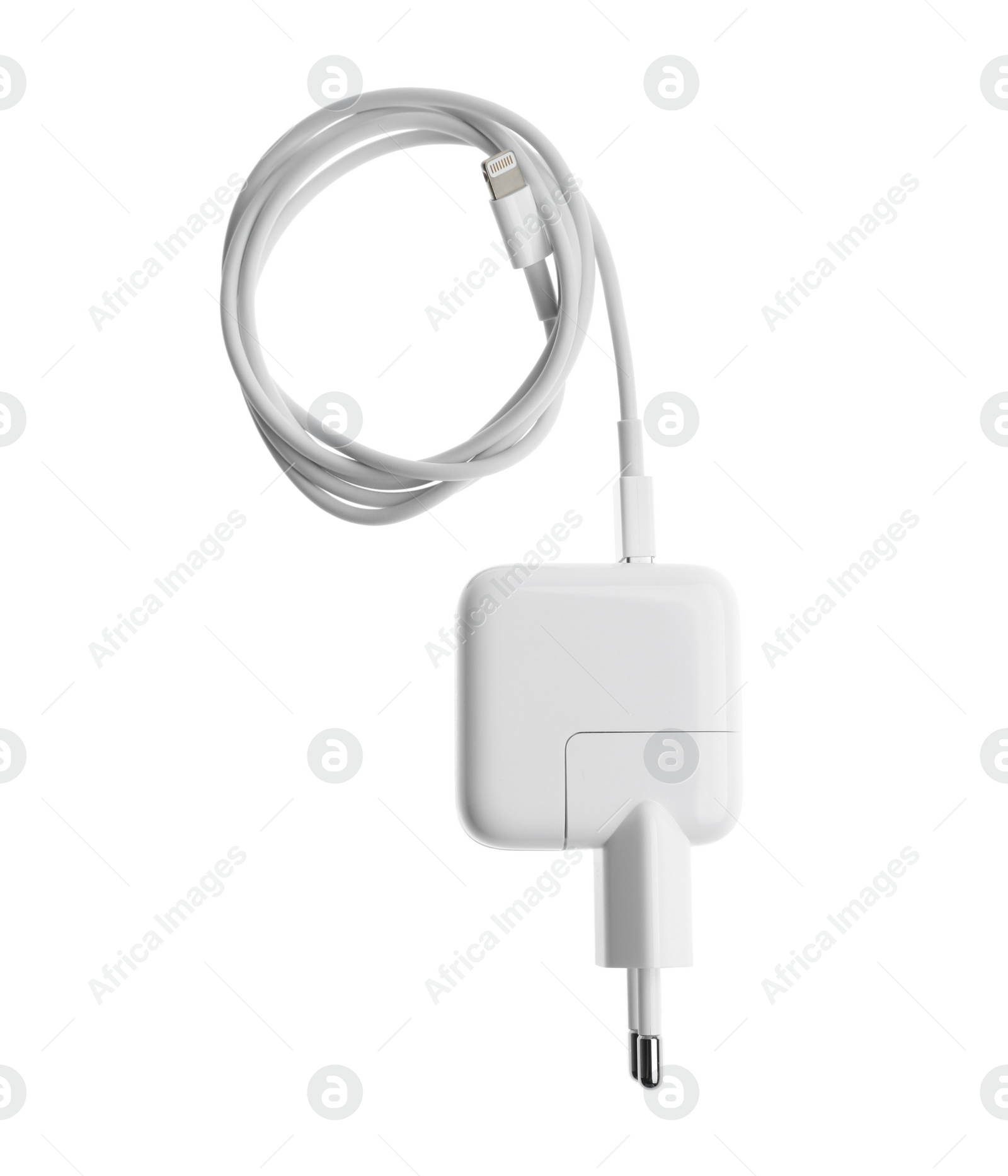 Photo of USB charger isolated on white, top view. Modern technology