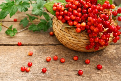 Photo of Basket of ripe viburnum berries on wooden table