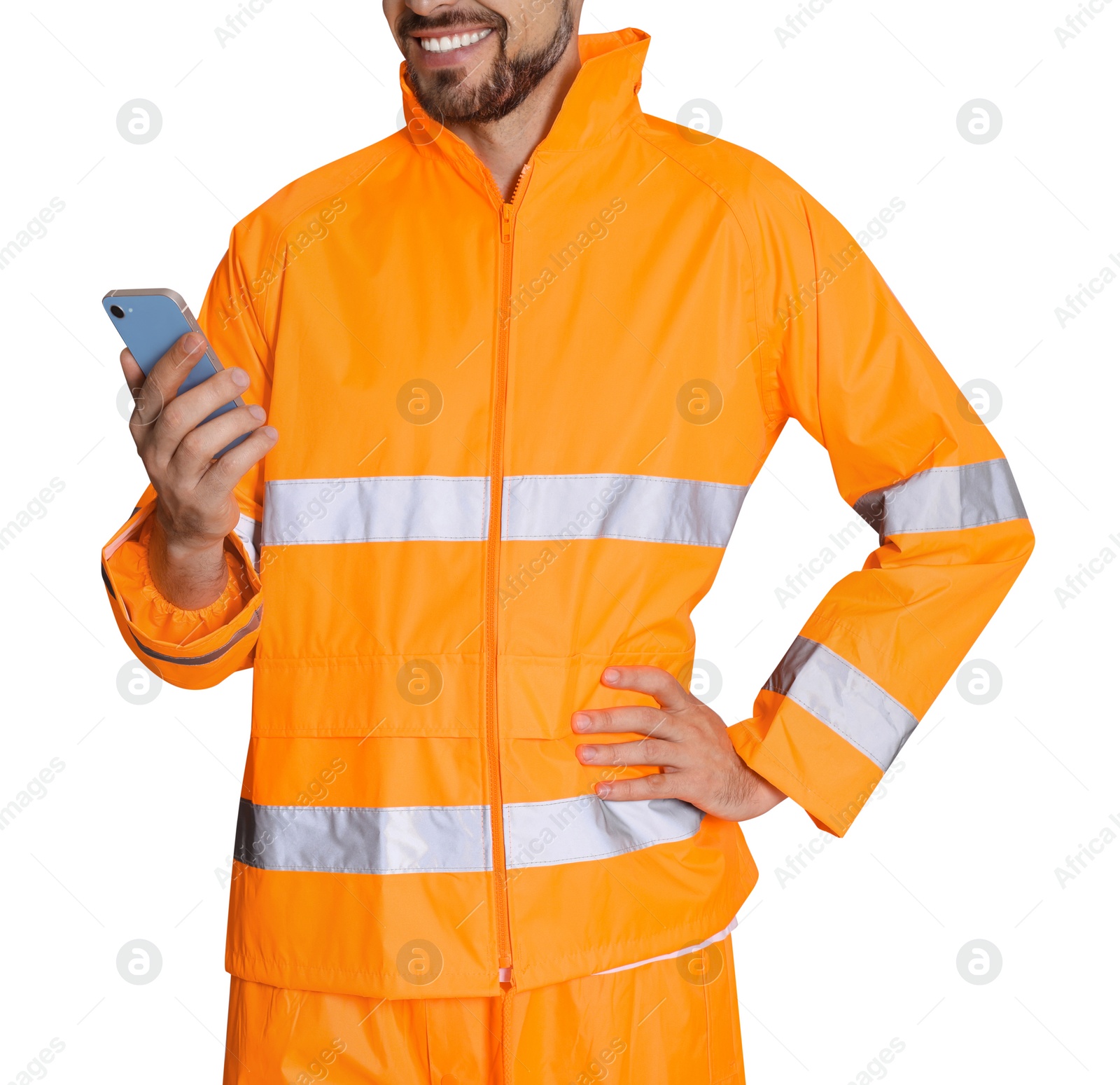 Photo of Man in reflective uniform with phone on white background, closeup