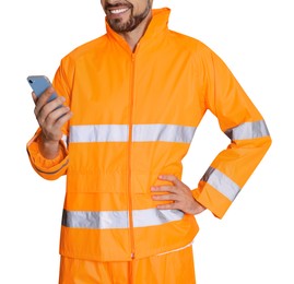 Photo of Man in reflective uniform with phone on white background, closeup