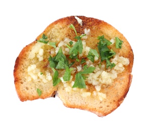 Photo of Slice of toasted bread with garlic and herb on white background, top view