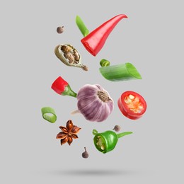 Image of Different spices falling on light grey background