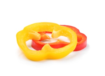 Rings of ripe bell peppers on white background