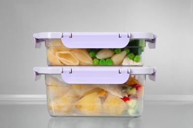 Photo of Boxes with prepared meals inside of refrigerator