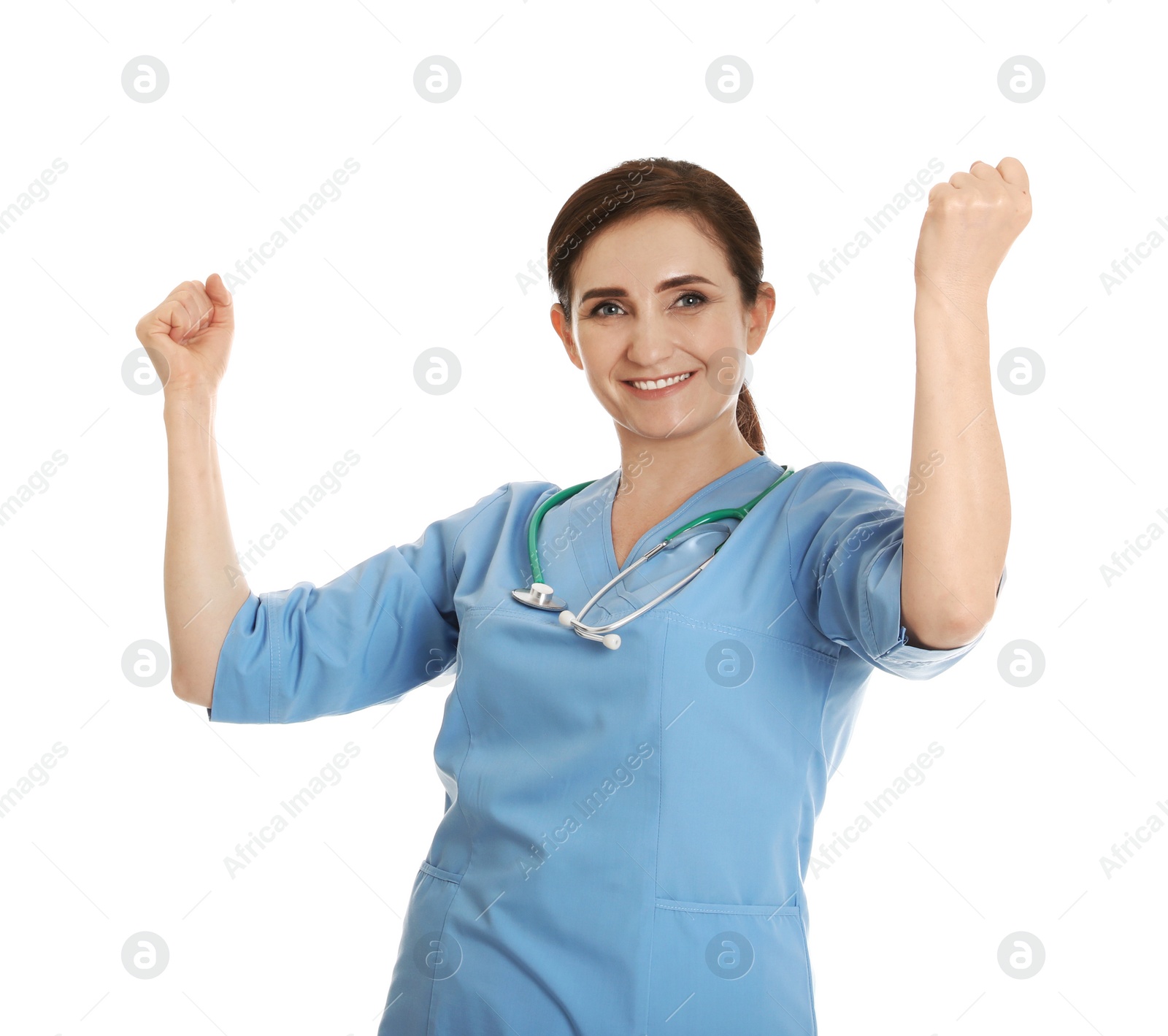 Photo of Portrait of happy female doctor isolated on white. Medical staff