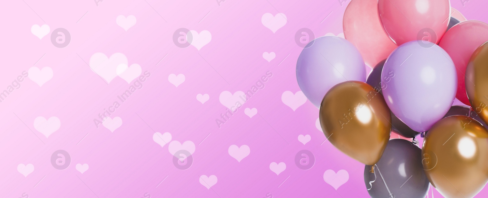 Image of Bright balloons on color background with hearts, space for text. Banner design
