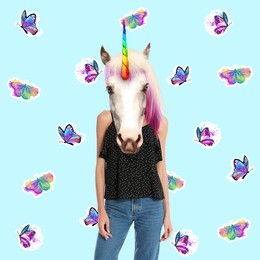 Image of Modern art collage. Woman with unicorn's head on color background