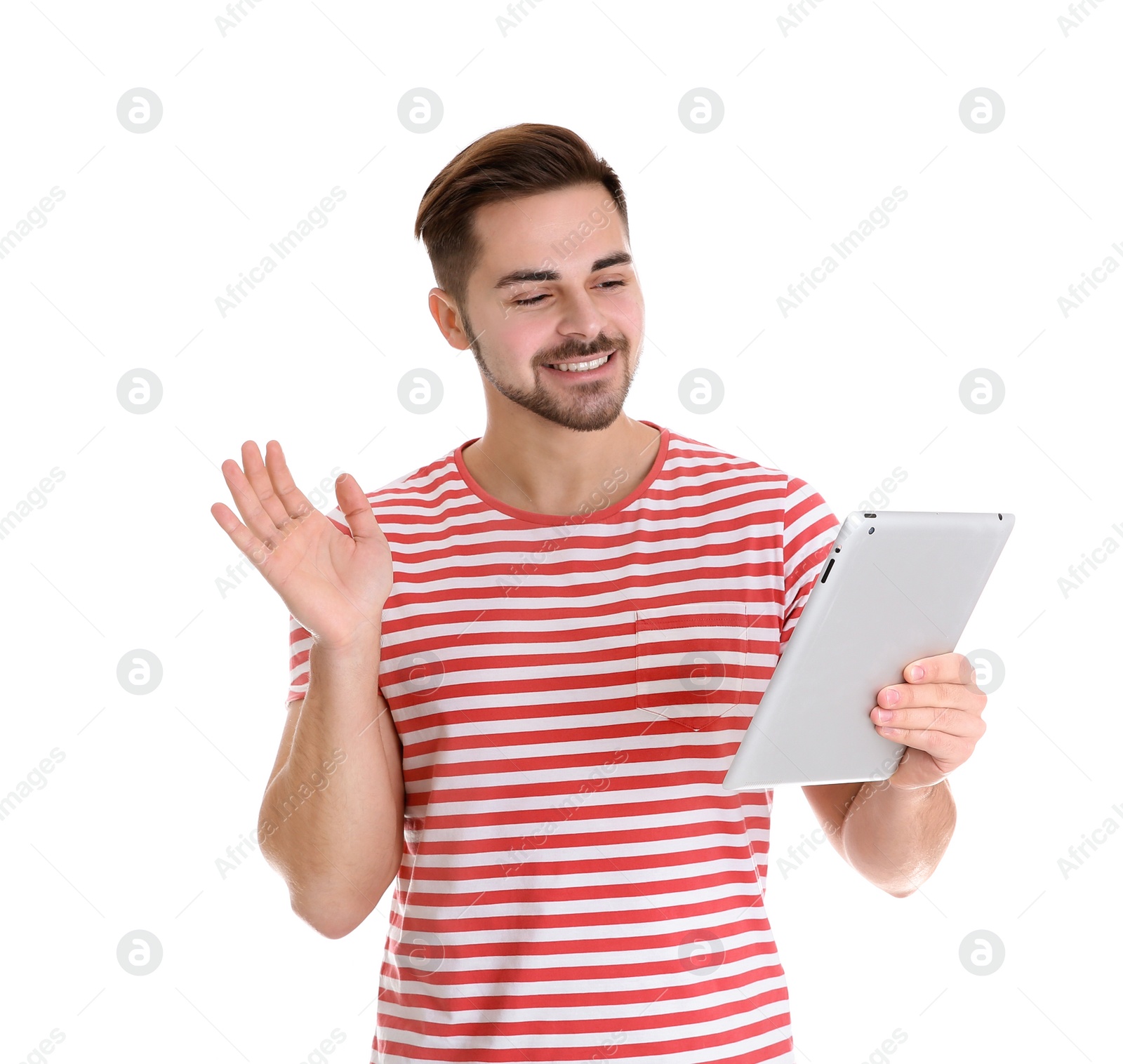 Photo of Man using tablet for video chat isolated on white