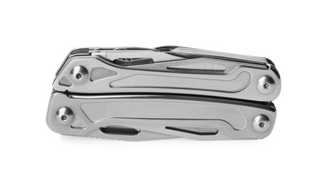 Photo of Compact portable metallic multitool isolated on white