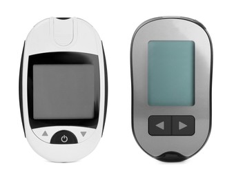 Image of Digital glucometers on white background, collage. Diabetes control