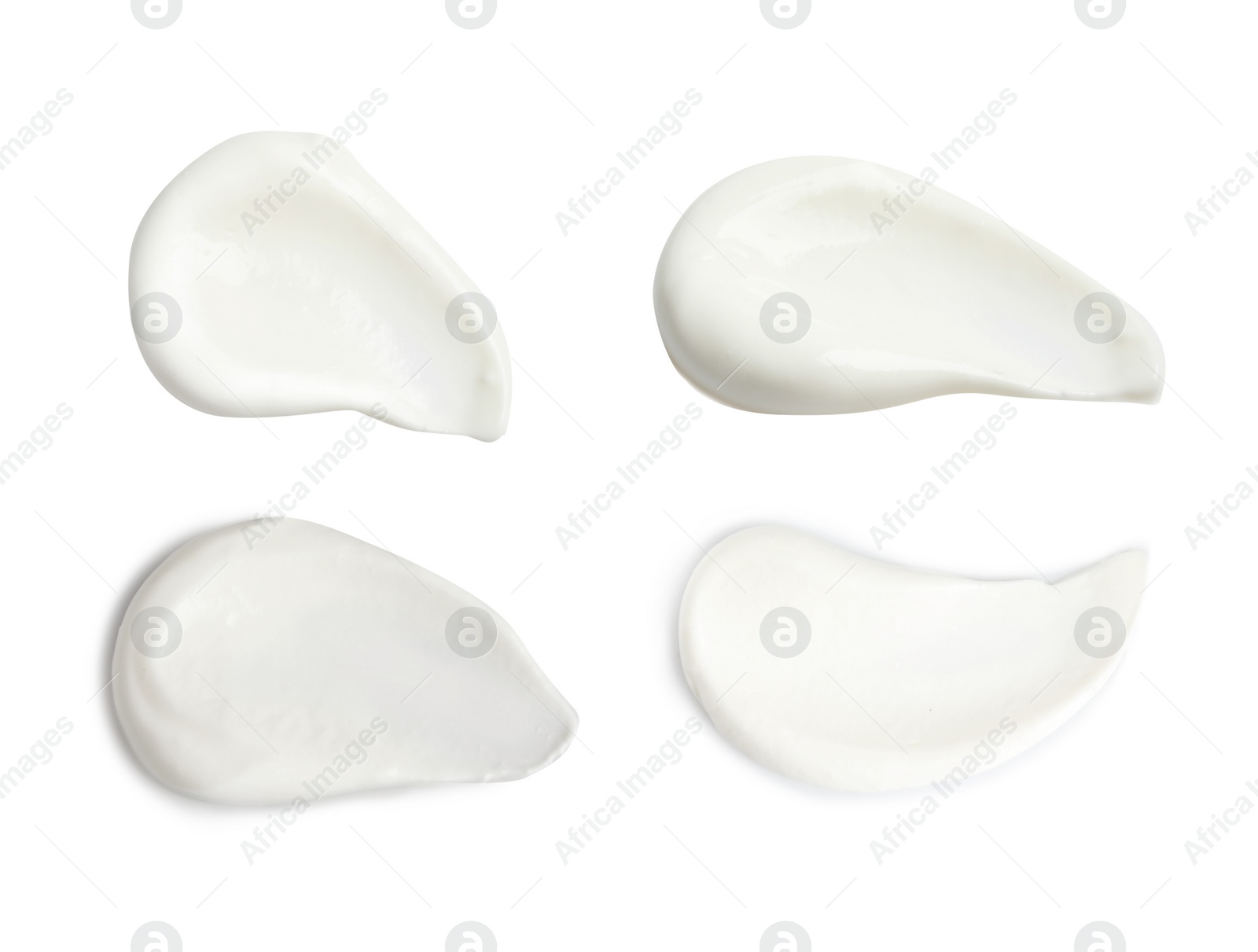 Image of Set of delicious natural yogurt on white background, top view