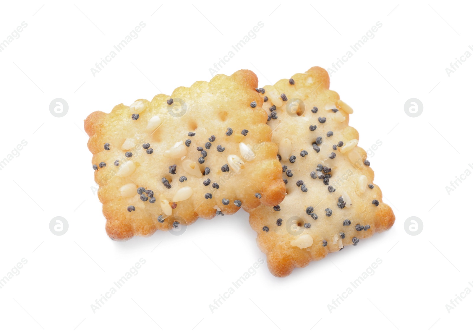 Photo of Delicious crispy crackers with poppy and sesame seeds isolated on white, top view