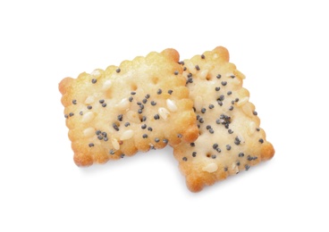 Photo of Delicious crispy crackers with poppy and sesame seeds isolated on white, top view