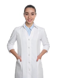 Portrait of beautiful young doctor on white background