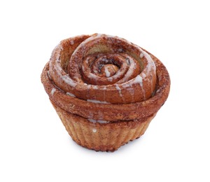 Photo of One tasty cinnamon roll isolated on white