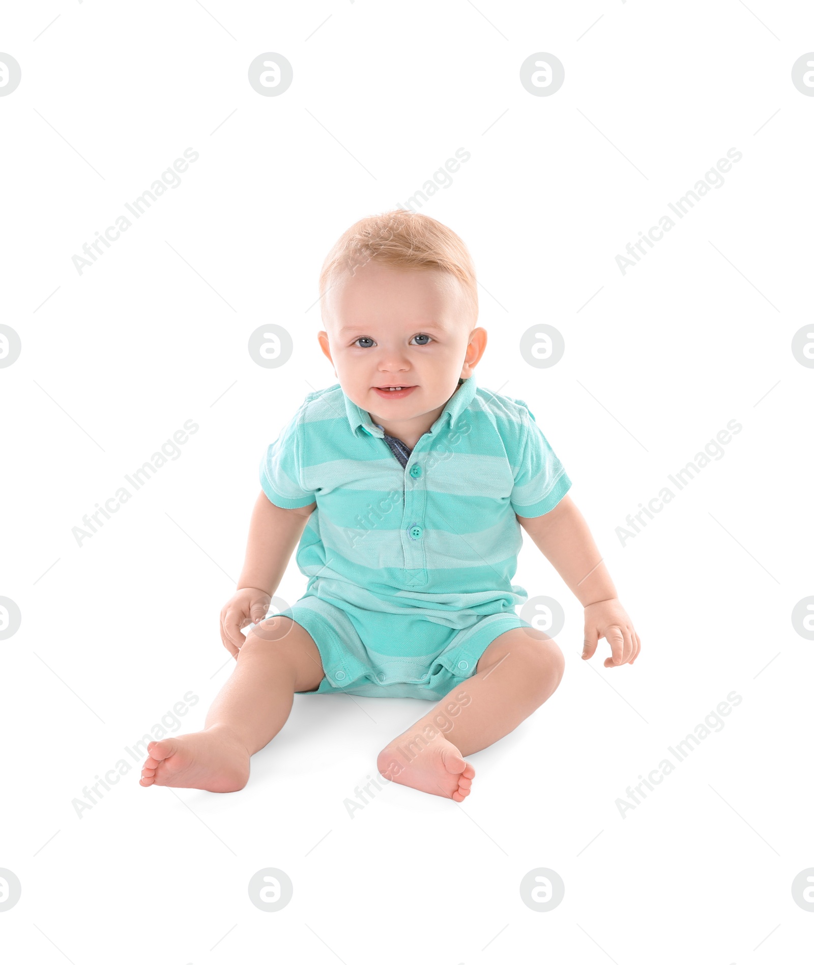Photo of Cute little baby on white background. Crawling time