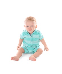 Photo of Cute little baby on white background. Crawling time