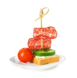 Photo of Tasty canape with salami, cucumber, cream cheese and tomato isolated on white