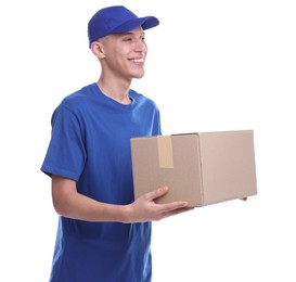 Happy courier with parcel on white background