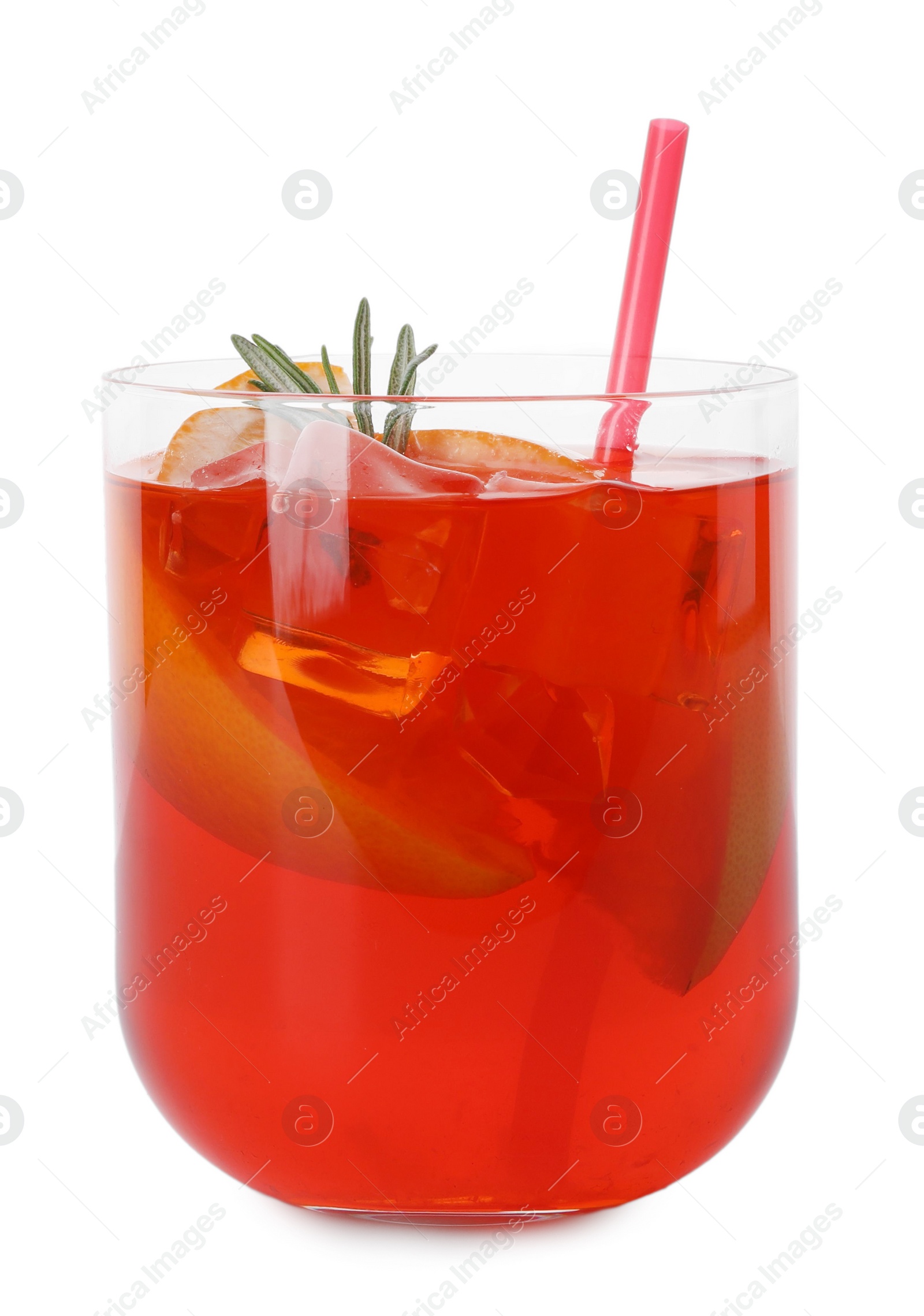 Photo of Aperol spritz cocktail, straw, orange slices and rosemary in glass isolated on white