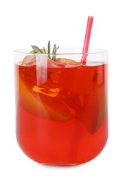 Aperol spritz cocktail, straw, orange slices and rosemary in glass isolated on white