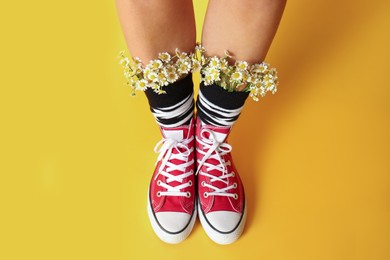 Above view of woman with beautiful tender chamomile flowers in socks on yellow background
