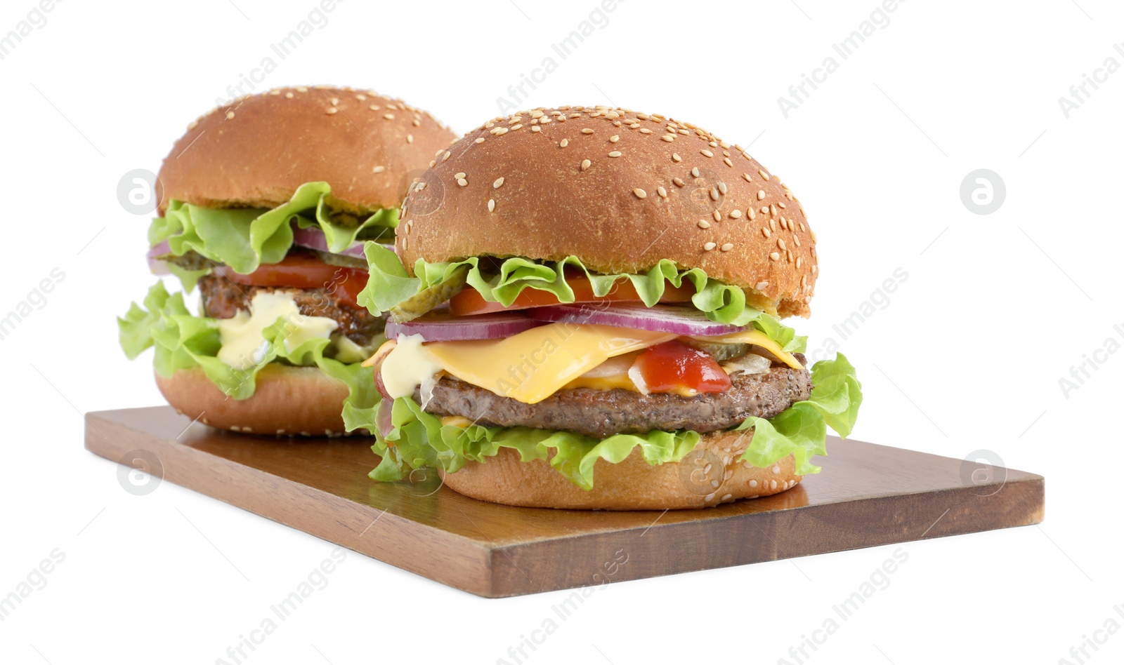 Photo of Delicious burgers with beef patty and lettuce isolated on white