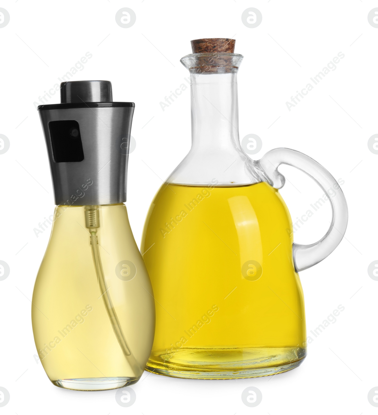 Photo of Bottles of cooking oil on white background