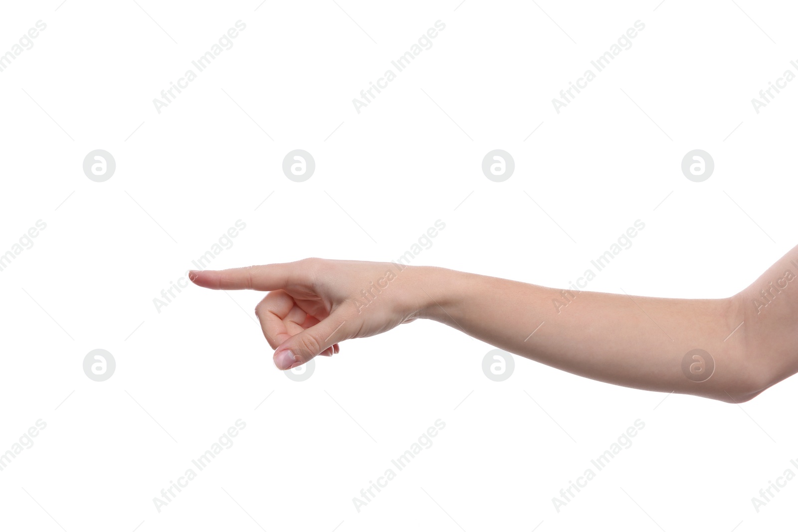 Photo of Woman pointing at something on white background, closeup of hand