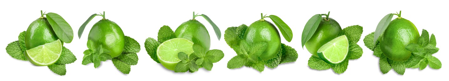 Image of Fresh ripe limes and green mint leaves isolated on white, set