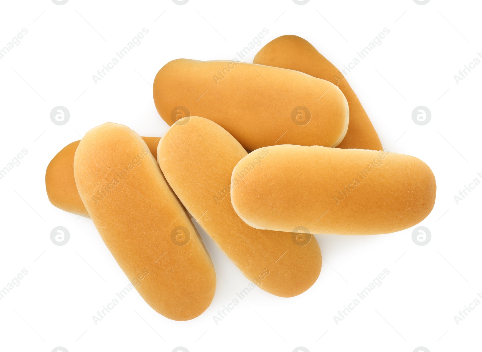 Photo of Many fresh hot dog buns isolated on white, top view