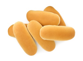 Many fresh hot dog buns isolated on white, top view