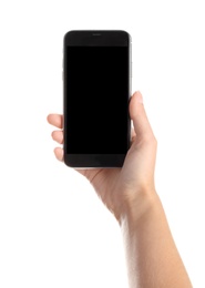 Photo of Woman holding smartphone with blank screen on white background. Mockup for design