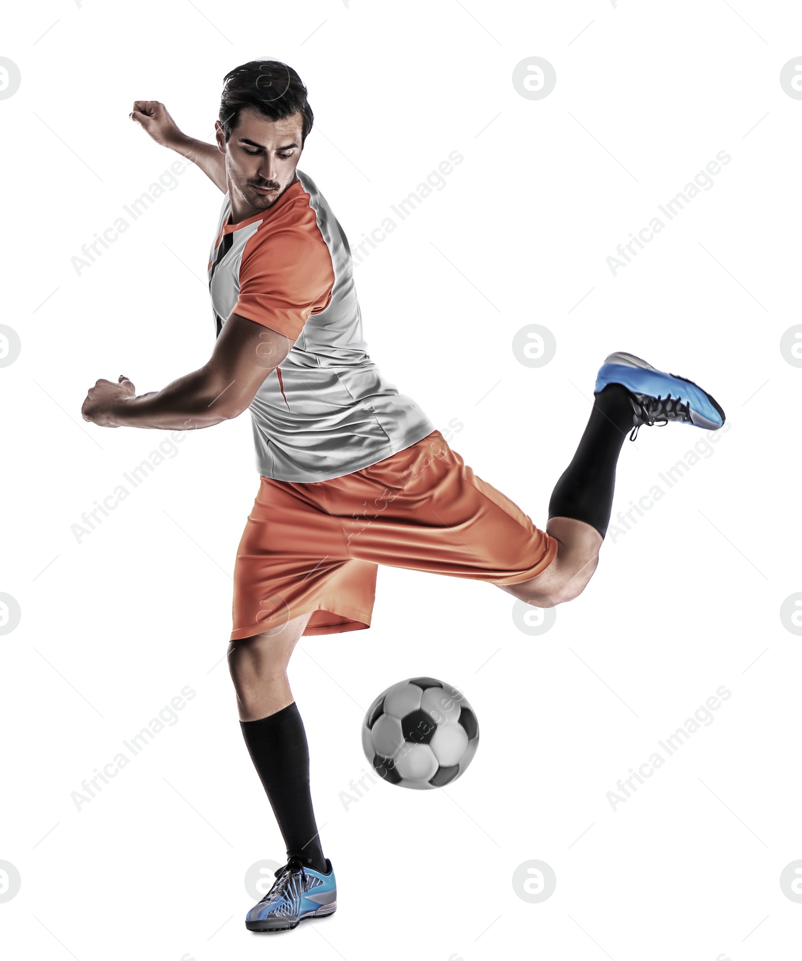 Image of Young man playing football on white background