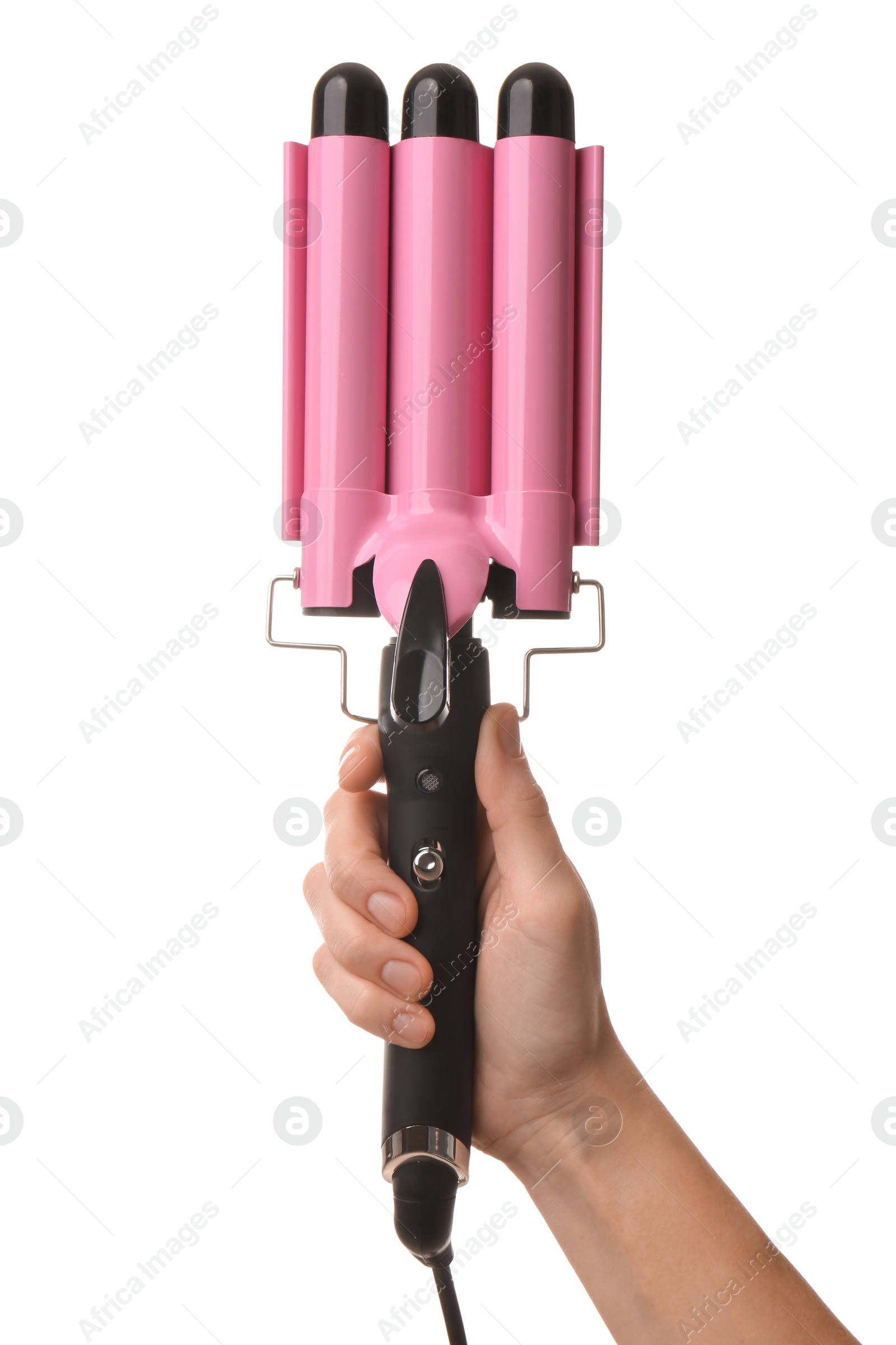 Photo of Woman holding modern triple curling iron on white background, closeup