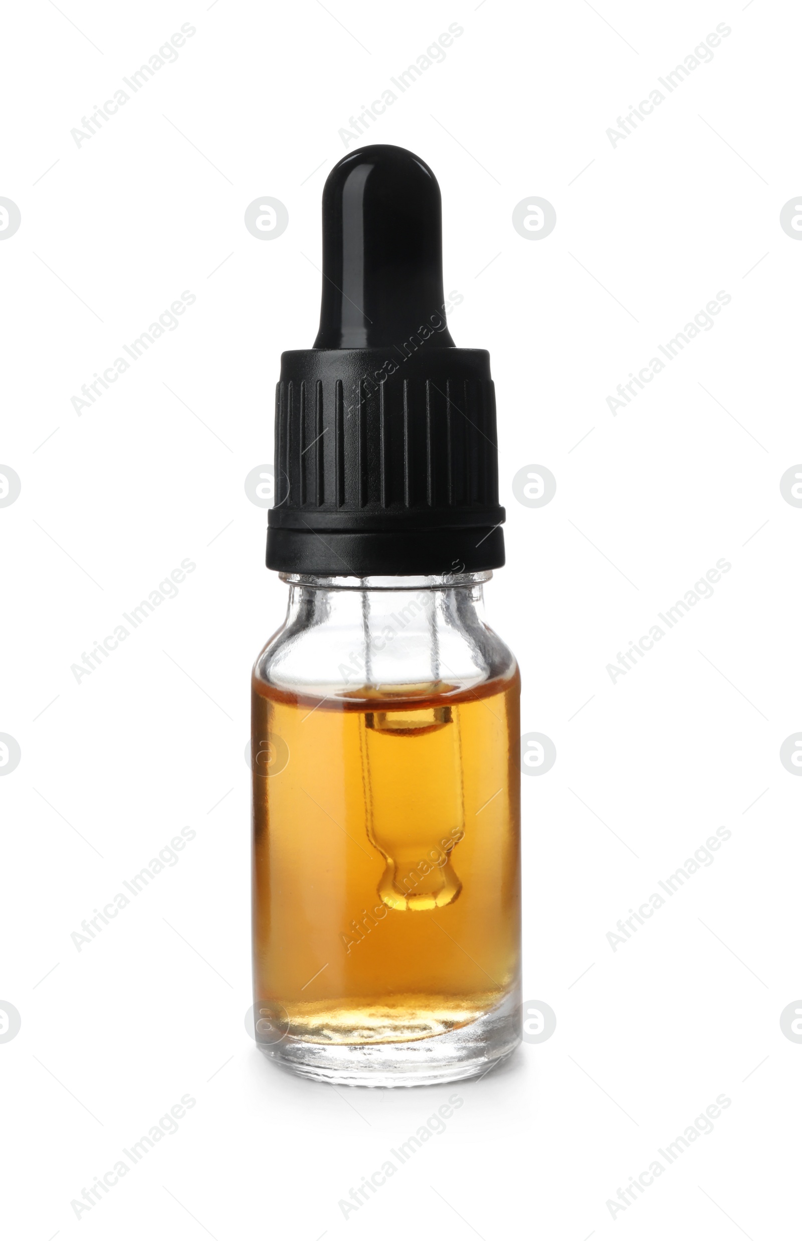 Photo of Bottle of essential oil isolated on white