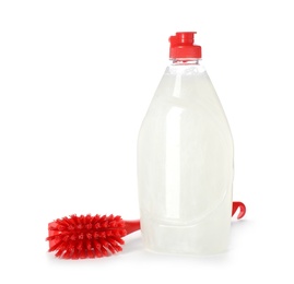 Photo of Cleaning product and brush for dish washing on white background